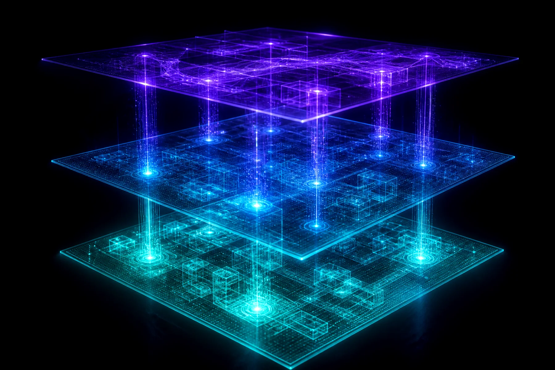 Three glowing translucent layers stacked in space, representing the frontend, backend and AI layers of an application connected by streams of data