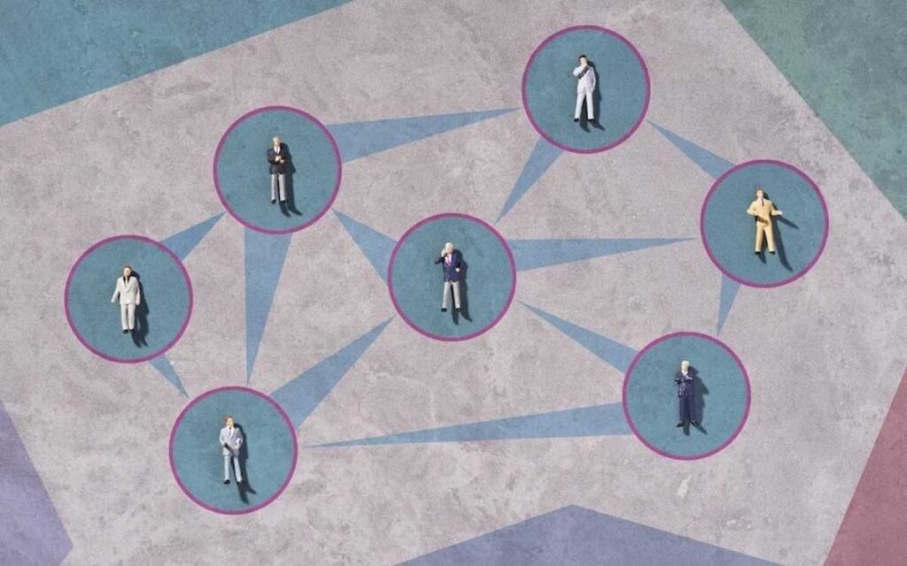 A graphic illustration of interconnected businesspeople against a color-blocked background