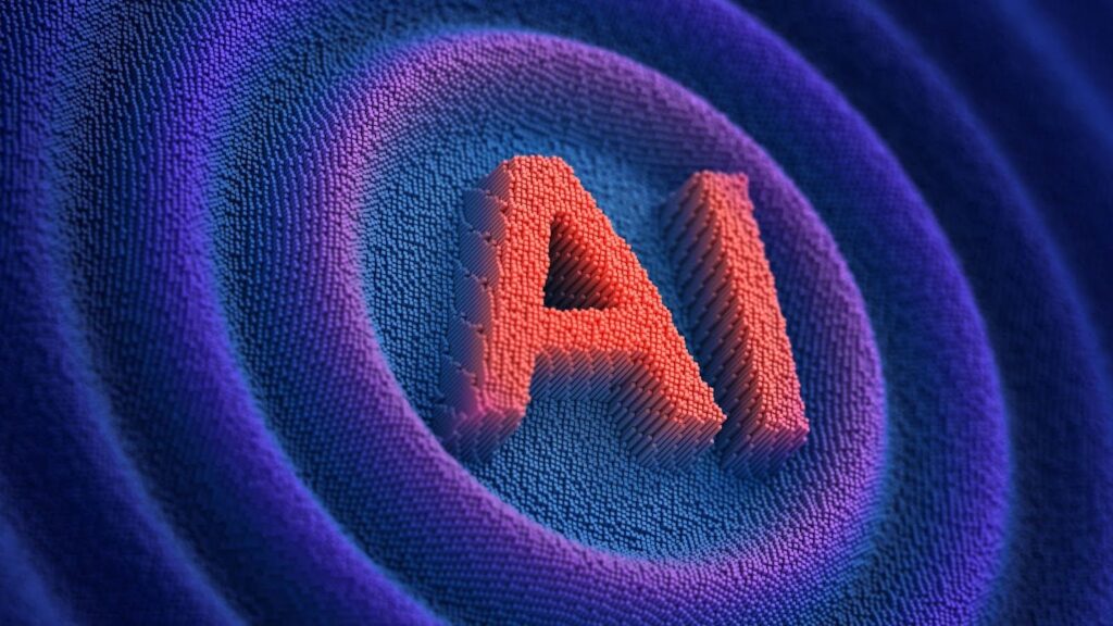 Digital futuristic blue wavy background featuring the term AI.