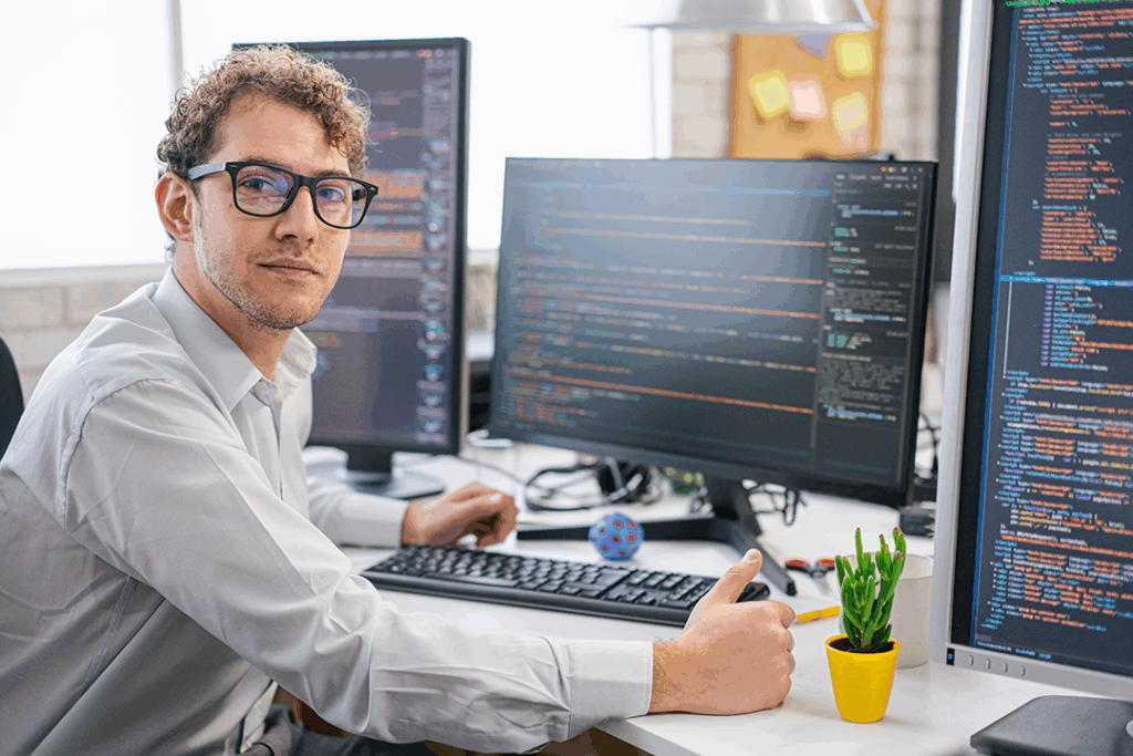 A student works at a multiscreen computing station; coding script appears on all three screens.
